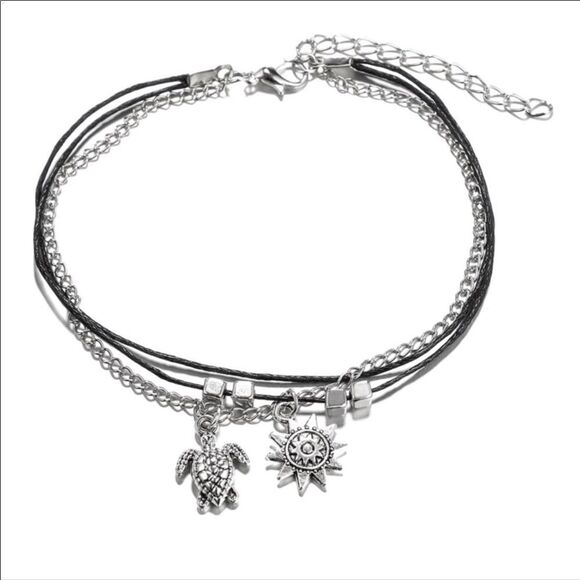 Silver Black Multi Charm Sun, Sea Turtle, Beads Anklet Set - Picture 2 of 6